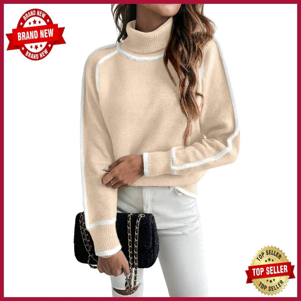Cozy Turtleneck Pullover Sweater Women's Knitted Long Sleeve Colorblock